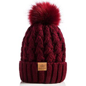 Women’s Wine Red Winter Ribbed Beanie Hat Chunky Cable Knit Pompom Warm